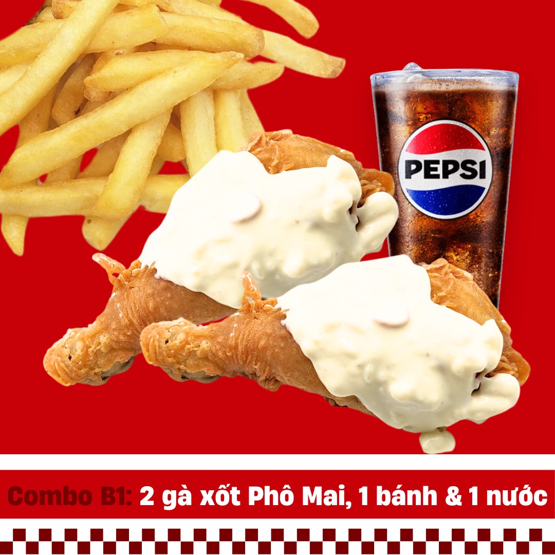 Combo B1: 2 gà xốt Phô Mai, 1 bánh & 1 nước
